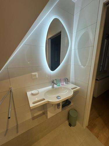a bathroom with a sink and a mirror at Au parfum des roses in Gunstett