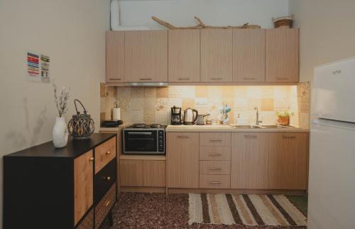 a small kitchen with wooden cabinets and a microwave at The Beach House in Karistos