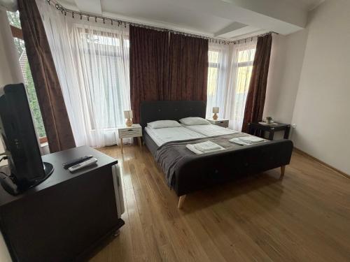 a bedroom with a bed and a flat screen tv at Pensiunea Amnesia in Sovata