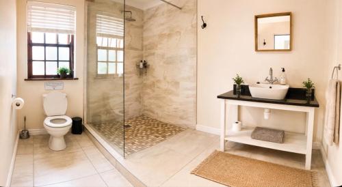 a bathroom with a shower and a toilet and a sink at Adrenalin Addo Manor House in Addo