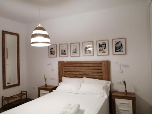 a bedroom with a bed and a pendant light at Purísima Vivienda Turística in Córdoba
