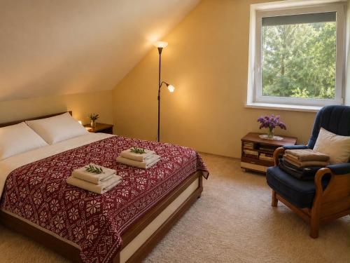 a bedroom with a bed and a chair and a window at Žalioji vila in Varteliai