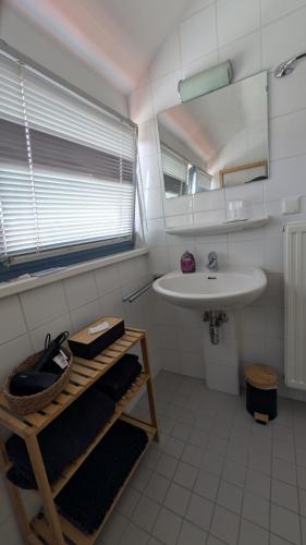 a white bathroom with a sink and a mirror at Gemütliche 1-Zimmer-Wohnung im Hildesheimer Wald in Diekholzen