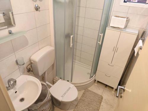 a bathroom with a shower and a toilet and a sink at Apartment Karmela in Primošten