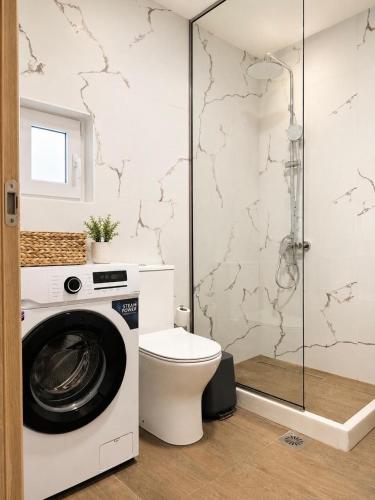 a bathroom with a washing machine and a toilet at Musses apartment 1 Modern Studio with Free Parking in Limín Khersonísou