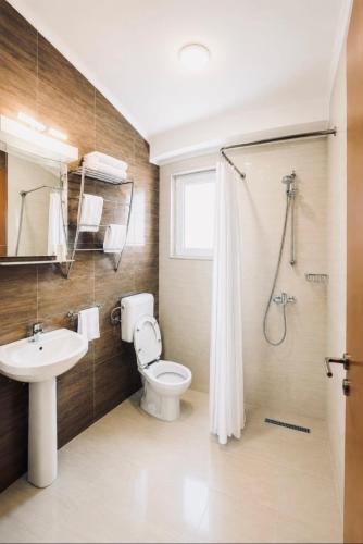 a bathroom with a toilet and a sink and a shower at Becar Pyramids B&B in Visoko