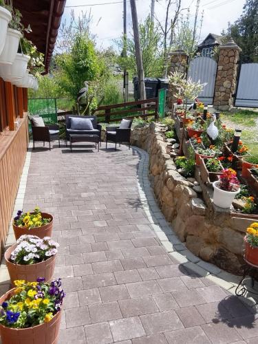 a garden with flowers in pots on a patio at Садиба "У Валентини" in Yablunytsya