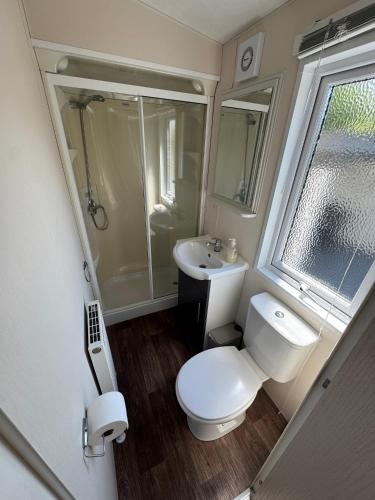 a small bathroom with a toilet and a sink at Beach Chalet Sunny Dunes in Petten