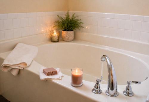 a bathroom with a bath tub with a candle and a plant at The Edenton Collection – Granville Queen Inn in Edenton