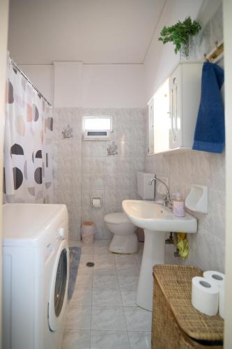 a bathroom with a washing machine and a sink at Ξενώνας της Αγάπης in Salamina
