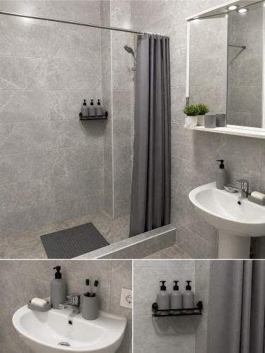 two pictures of a bathroom with a shower and a sink at Apartament modern cu dormitor separat si balcon panoramic in Căuşeni