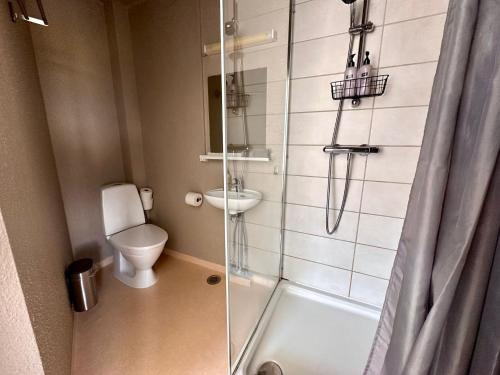 a bathroom with a shower with a toilet and a sink at The Stykkishólmur Inn by Ourhotels in Stykkishólmur