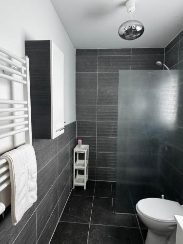 a bathroom with a toilet and a sink at Gästehaus OG in Cologne