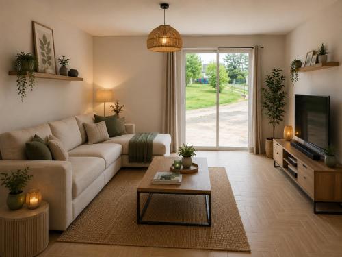a living room with a couch and a tv at Les Rives de Chenonceaux in Civray-de-Touraine