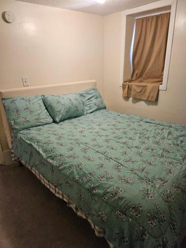 a bedroom with a bed with a green comforter at Plantlife LLC Lodge D in Minneapolis