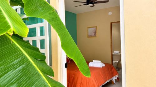 a bedroom with a bed and a palm leaf at Palma 11 Boutique House Downtown Cancun in Cancún