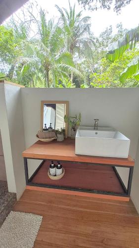 a bathroom with a sink and a mirror at Four Monkeys Eco Lodge - Jungle & Beach in Cabo Matapalo