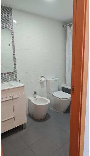 a bathroom with a toilet and a sink and a tub at Apartamento playa Piles in Piles
