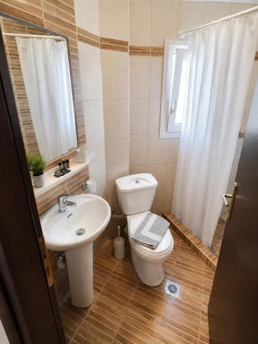 a bathroom with a white toilet and a sink at JONNY'S Rooms in Paralia Katerinis