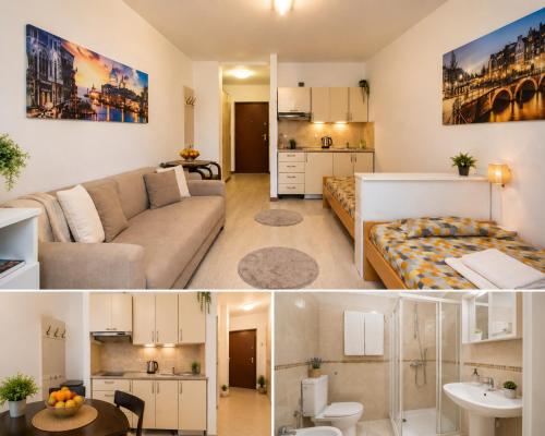 a kitchen and a living room with a couch at Apartment Studio Premier in Rafailovici