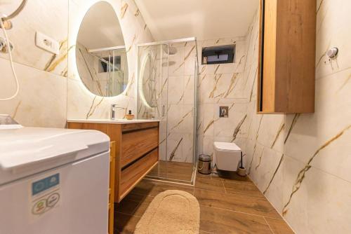 a bathroom with a shower and a sink and a mirror at Guest House Luksic in Bar
