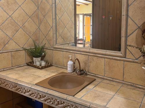 a sink in a bathroom with a mirror and a sink at Masía de piedra con piscina in Riudecols