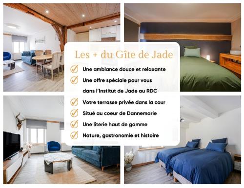 a collage of four pictures of a bedroom at Le Gîte de Jade in Dannemarie