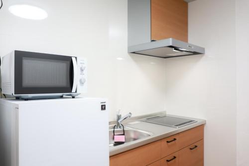 a kitchen with a sink and a tv on a refrigerator at Danran HAKATA in Fukuoka