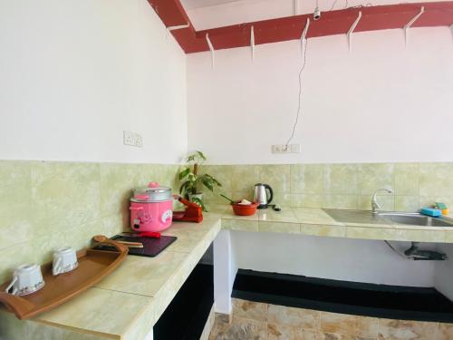 a kitchen with a sink and a counter top at Thuru Sisila Resort in Anuradhapura