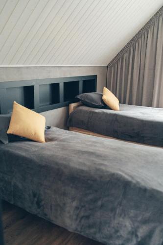 two beds in a room with a roof at Brīvdienu māja Daugavas rezidence in Ķegums