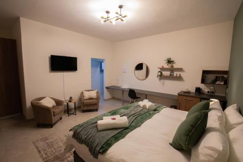 a bedroom with a bed and a desk and a television at Weavers Nest Guesthouse in Modimolle