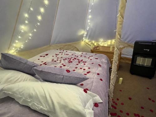 a bedroom with a bed with red hearts on it at Glamping Rincón de Lavanda in Texcoco de Mora
