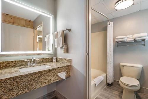 a bathroom with a sink and a toilet and a mirror at AmericInn by Wyndham Wisconsin Dells in Wisconsin Dells