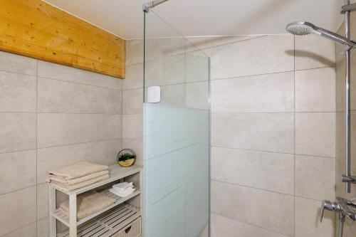 a shower with a glass door in a bathroom at Le gecko avec jacuzzi in Saint-Germain