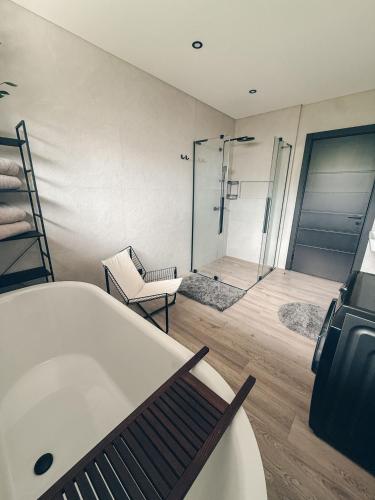 a bathroom with a shower with a bench and a chair at Brīvdienu māja Daugavas rezidence in Ķegums