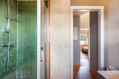 a bathroom with a shower with green tiles at Das Falken Nest in Eisenbach