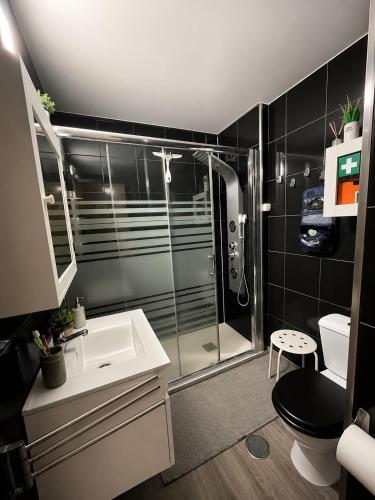 a bathroom with a shower and a sink and a toilet at Porto Nest in Senhora da Hora