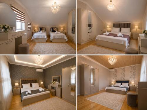 three different views of a hotel room with two beds at Qəbələn SNS RENTAL VILLA in Gabala