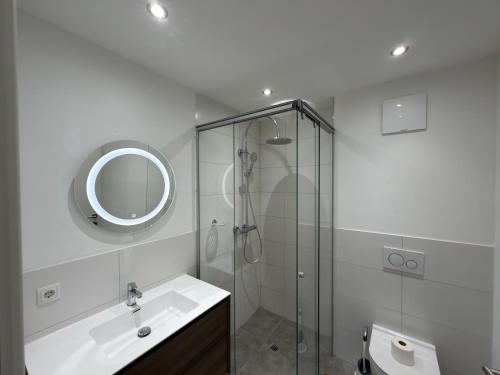 a bathroom with a shower and a sink and a mirror at Living by Maier Altach in Altach