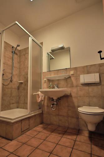 a bathroom with a shower and a sink and a toilet at Ursulinenkloster in Duderstadt