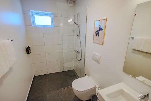 a bathroom with a shower and a toilet and a sink at Danhostel Tønder in Tønder