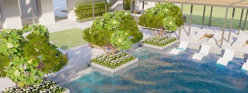 a rendering of three trees on a balcony at Vivanta Vrindavan in Vrindāvan
