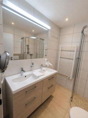 a bathroom with a sink and a large mirror at Stein 35 with Kitzstainhorn view in Kaprun