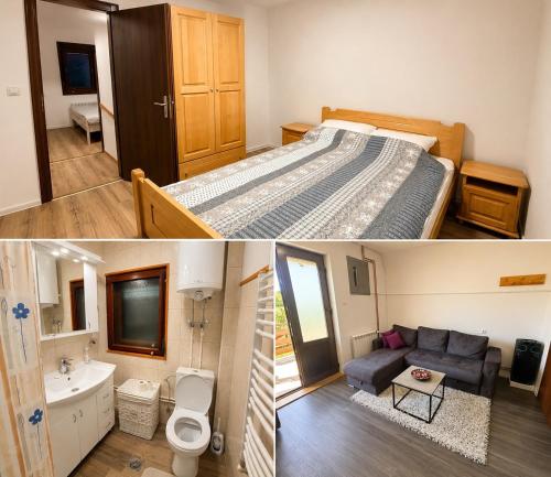 two pictures of a bedroom with a bed and a bathroom at Zlatibor week house in Palisat