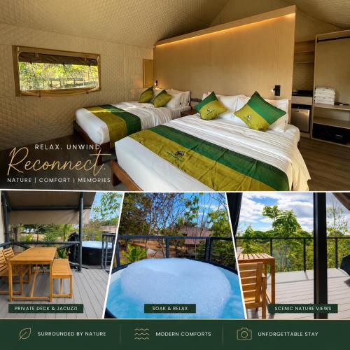 a collage of pictures of a hotel room with two beds at The Playground in Baras