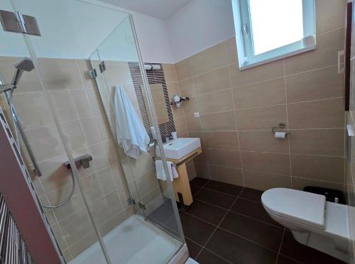 a bathroom with a shower and a toilet and a sink at Štrbské Pleso rezidencia Oliver - apartmán 16A in Štrbské Pleso