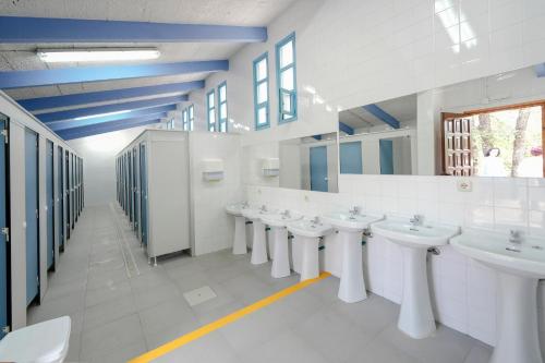 a bathroom with a row of sinks and toilets at HolaCamp Aínsa in Aínsa