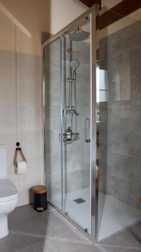 a shower stall in a bathroom with a toilet at Posada VALLE DEL ASON in Ogarrio