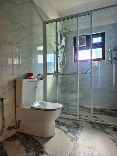 a bathroom with a toilet and a glass shower at Ella, Nine Glow Resort in Ella