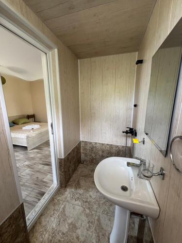 a bathroom with a sink and a mirror and a bed at Kety House in Makhinjauri